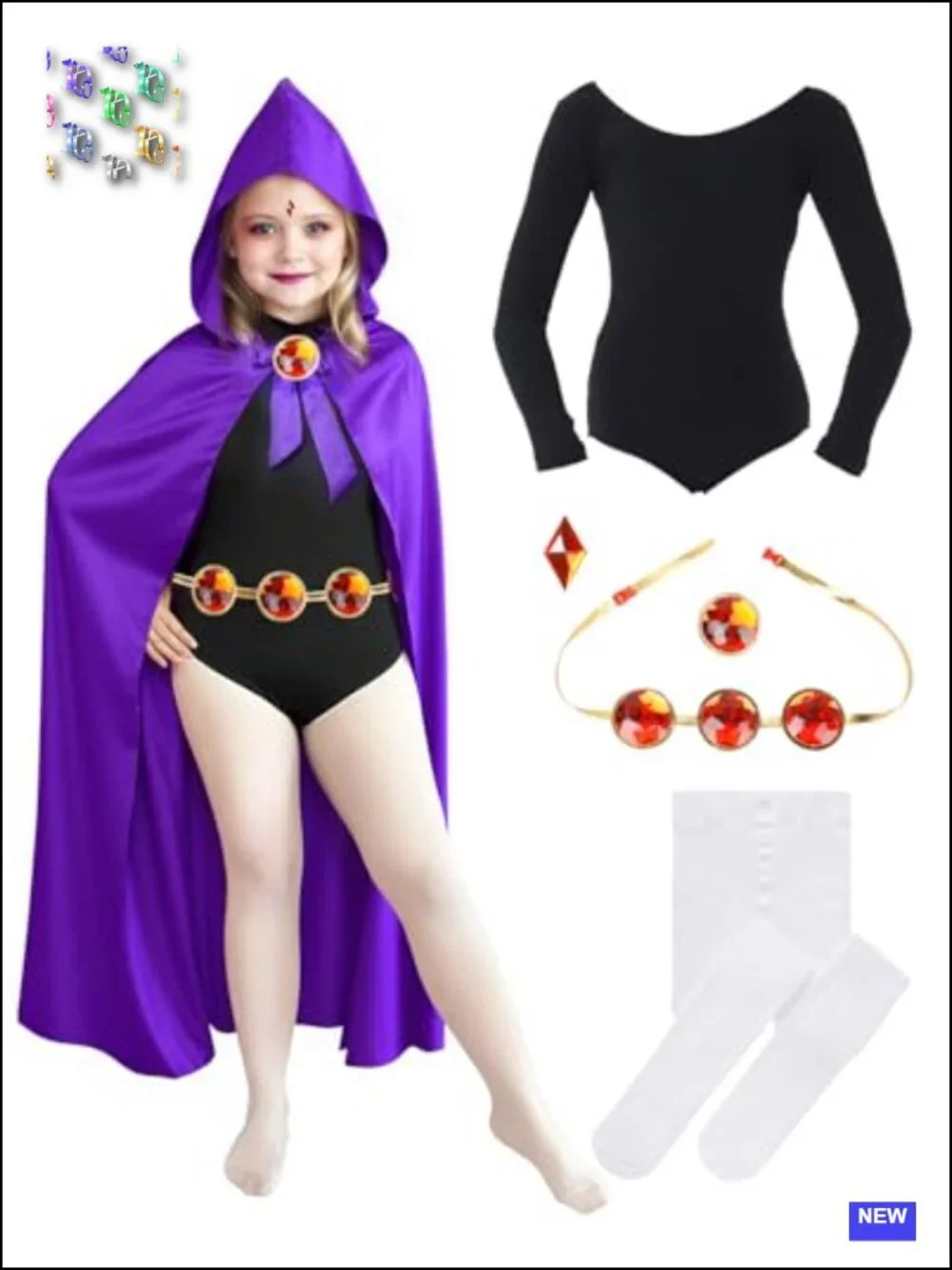 Kids Halloween Costume Purple Cape Jumpsuit Tights Gem Belt